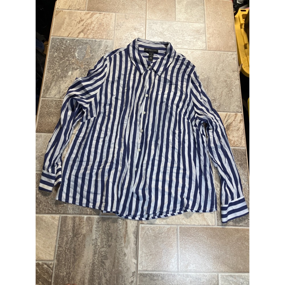 INC International Concepts Woman 1X Blue White Stripe Rayon Button Down‎ Shirt